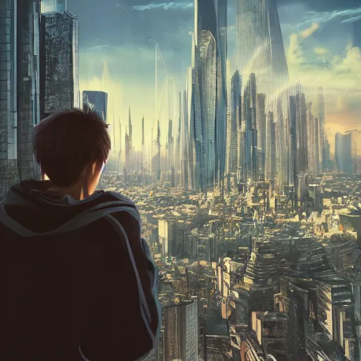 Prompt: young man facing the desperate and endless call of the void, futuristic cityscape, unreal 5 render, vivid colors, high detail, clear weather, studio ghibli, digital art, octane render, beautiful composition, trending on artstation, award - winning photograph, masterpiece