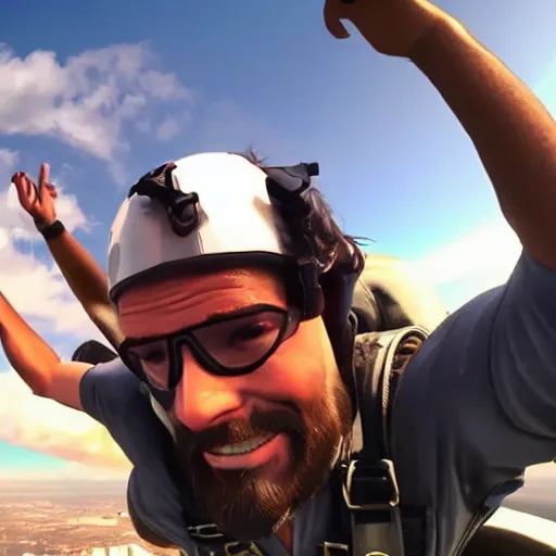 Prompt: jesus taking a selfie while skydiving, gta artstyle, wide shot, dramatic lighting, octane render, hyperrealistic, high quality, highly detailed, HD, beautiful, cinematic, 8k, unreal engine, facial accuracy, symmetrical