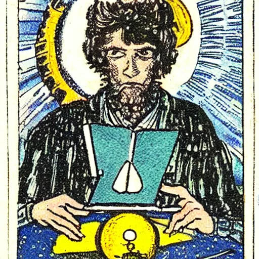 Prompt: The Tarot Hermit card but Joshua Benjio AI scientist on the card. Classic Rider–Waite tarot deck illustrated by Pamela Colman Smith