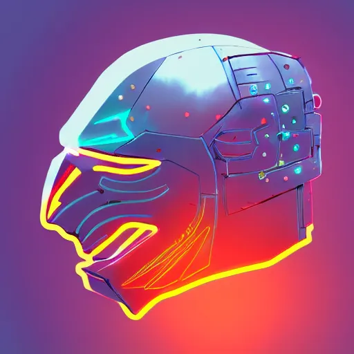 Image similar to cyberpunk helmet in the shape of a bird with stickers, a beak, glowing leds, no reflections, concept art, artstation, high details, stickers