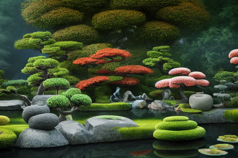 Image similar to beautiful sculptures in a serene japanese garden, part by michaelangelo, part by james jean, part by ross tran, part by jacek yerka, part by leslie zhang, surreal, highly detailed, beautiful detailed intricate insanely detailed octane render trending on artstation, 8 k artistic photography, photorealistic, volumetric cinematic light, chiaroscuro