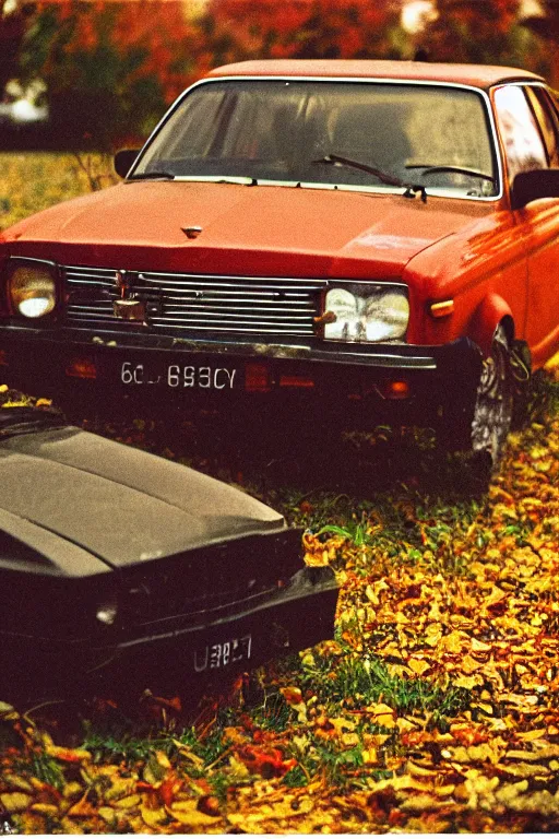 Image similar to a lomographic photo of old lada 2 1 0 7 standing in typical soviet yard in small town, autumn, cinestill, bokeh