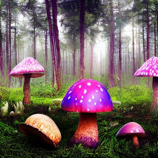 Prompt: psychedelic forest with large mushrooms, mystical, realism, photo, shaman n - 9