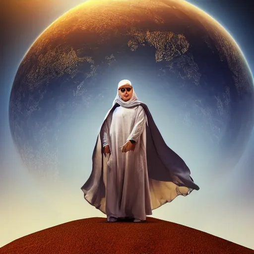 Prompt: poster of the veiled prophet standing in the middle of barren lands, matte painting, 8 k, mosque, arabesque