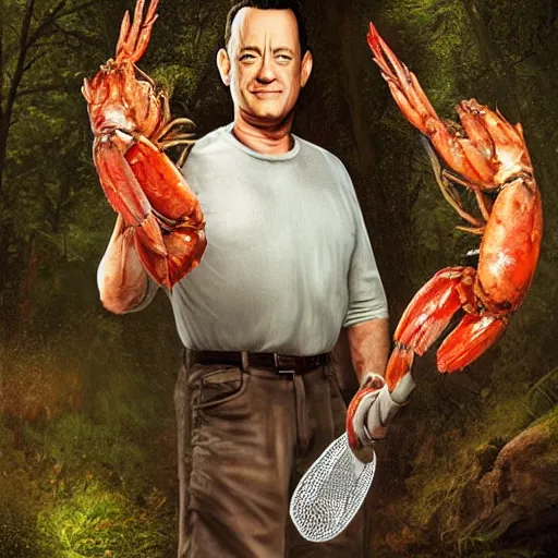 Image similar to Tom Hanks as forrest holding a giant shrimp on a stick over a campfire in the jungle, realistic digital painting, in the style of Aleksi Briclot, photoreailstic, realistic face, amazing detail, sharp