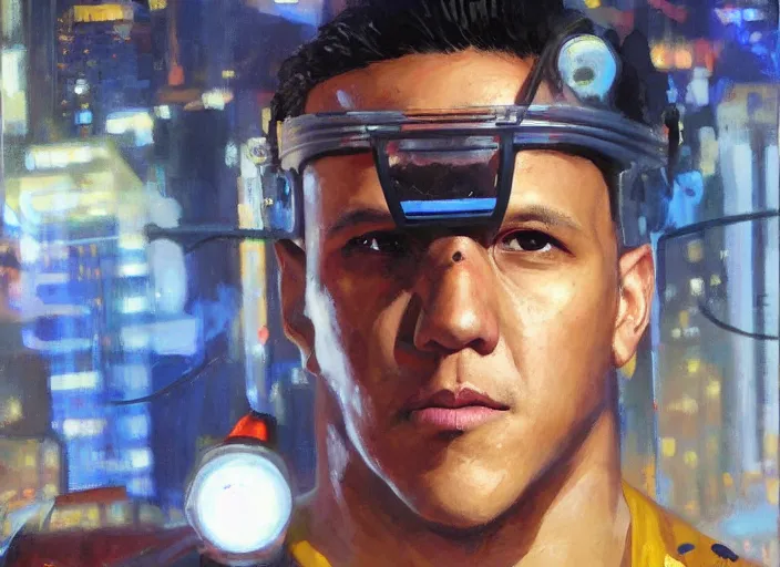 Image similar to a highly detailed beautiful portrait of alexis sanchez cyberpunk, by gregory manchess, james gurney, james jean