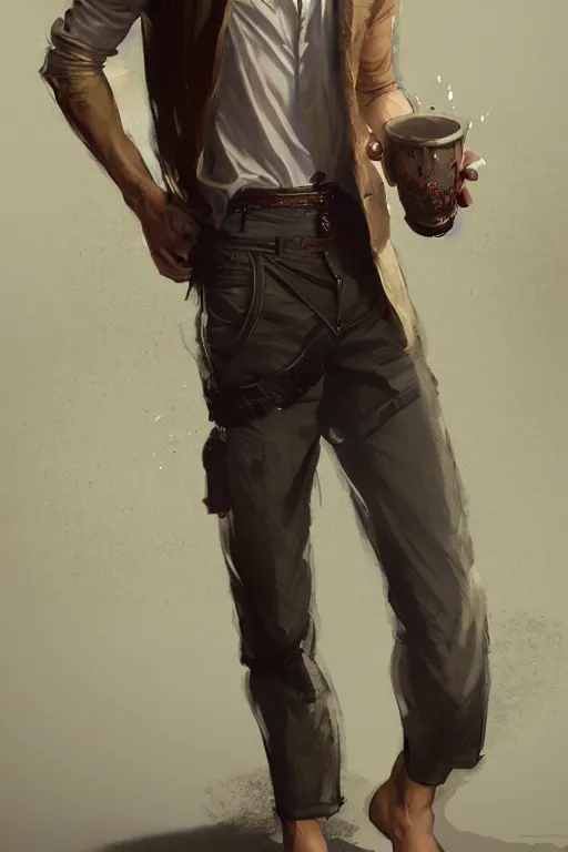 Image similar to full body portrait of a single beautiful young fit man, modern haircut, open shirt, large pants, bare feet, by greg rutkowski and alphonse mucha, d & d character, modern interior room background, highly detailed portrait, digital painting, artstation, concept art, smooth, sharp focus ilustration, artstation hq