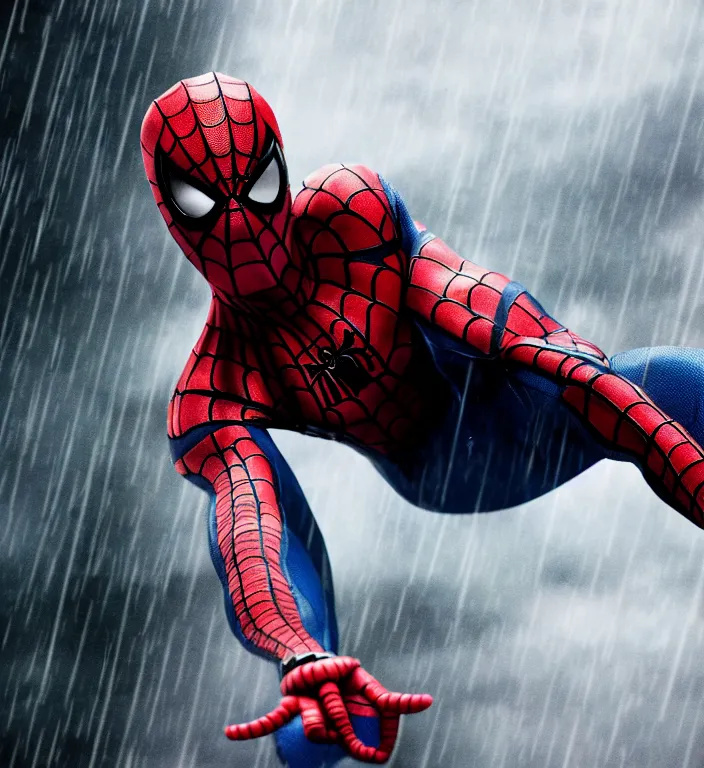 Prompt: cinematic still of jason statham as spiderman, dramatic rain, 8 k