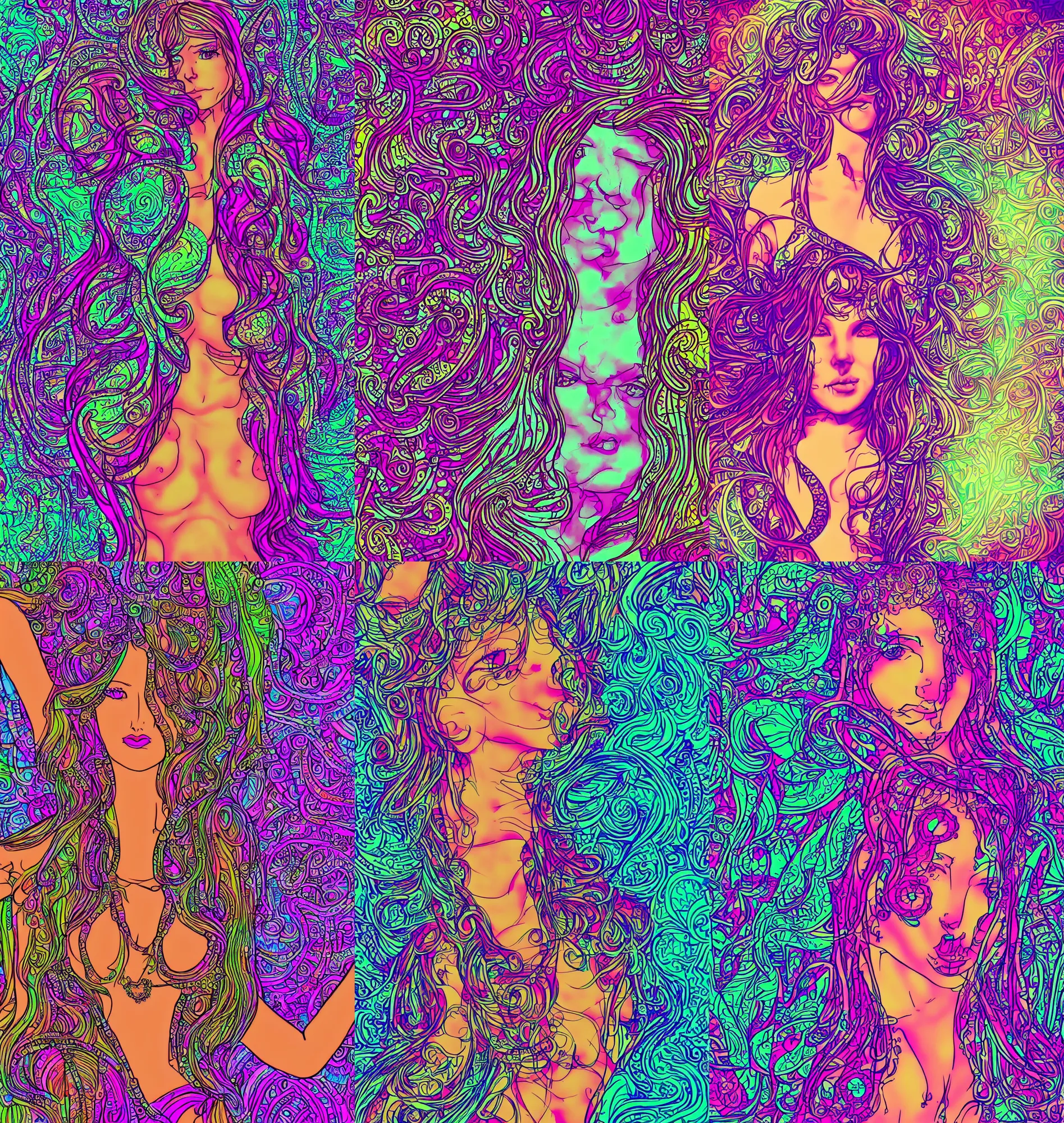 Image similar to beautiful hippie girl illustration, closeup in bikini over psychedelic sacred geometry hallucination