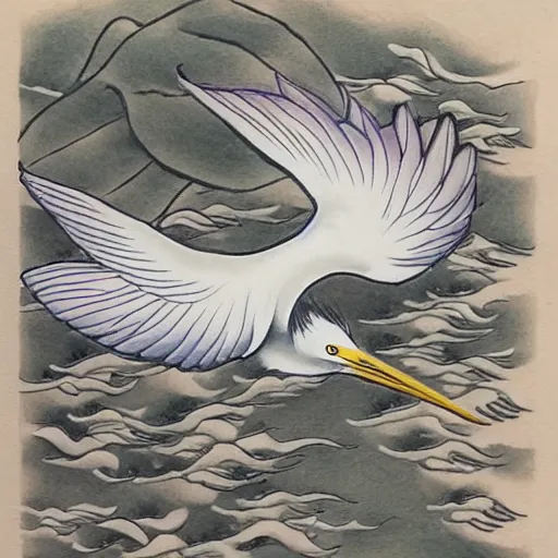 Prompt: a flying egret, traditional japanese tattoo illustration