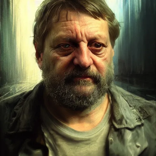 Image similar to slavoj zizek, hyperrealistic portrait, bladerunner street, art of elysium by jeremy mann and alphonse mucha, fantasy art, photo realistic, dynamic lighting, artstation, poster, volumetric lighting, very detailed face, 4 k, award winning