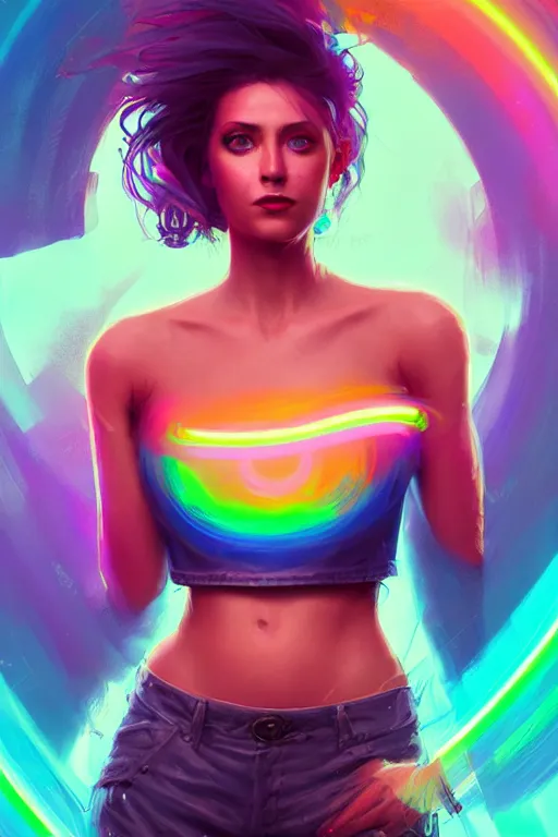 Image similar to a award winning portrait of a beautiful woman with stunning eyes in a one off shoulder crop top and cargo pants with rainbow colored hair, outlined by whirling illuminated neon lines and fine lines swirling in circles by greg rutkowski, digital art, trending on artstation