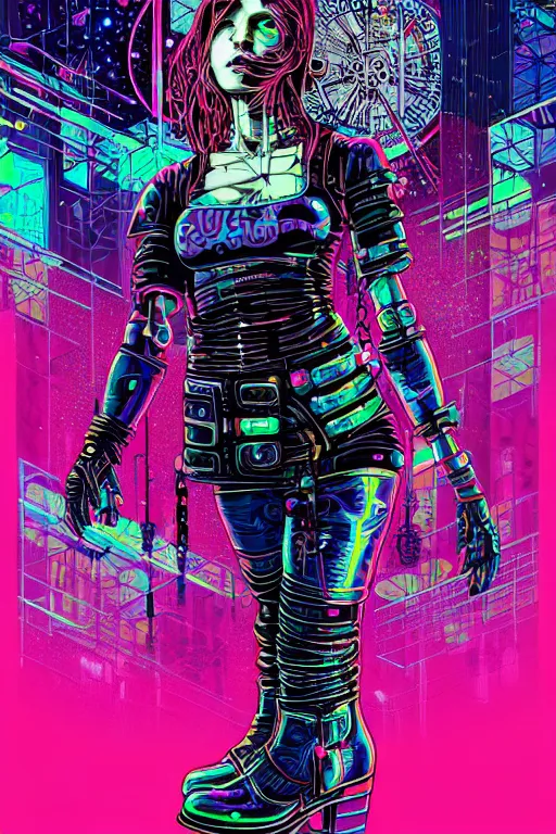 Prompt: dreamy cyberpunk girl with punky boots, abstract background, digital nodes, beautiful woman, detailed acrylic, grunge, intricate complexity, by dan mumford and by damien hirst