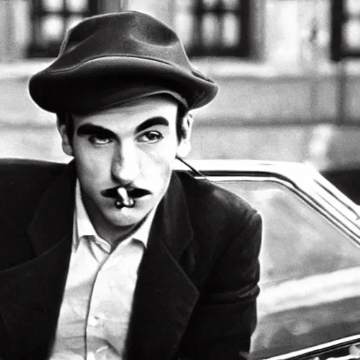 Prompt: realistic photograph of Mario in a hat with an M smoking in a french new wave Godard film aesthetic, black and white