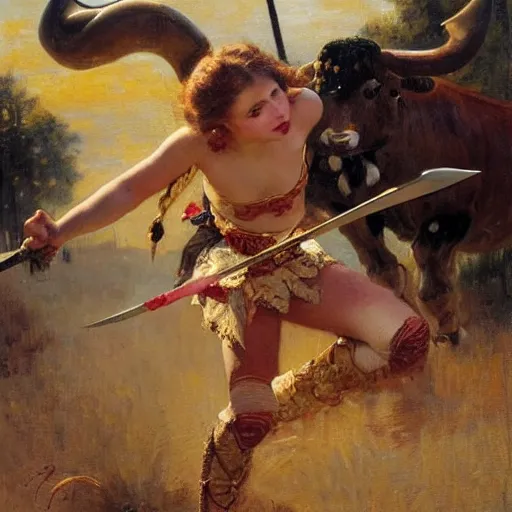 Image similar to a young girl defeating a bull with a sword, blood is splattering, highly detailed painting by gaston bussiere and j. c. leyendecker 8 k