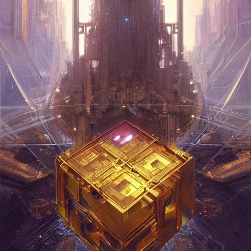 Image similar to hyper realistic golden quantum computer in the shape of a giant cube the size of a city , art by artery and Greg Rutkowski and alphonse mucha, sci-fi, fantasy, intricate, ornate, very very intimidating , highly detailed, digital painting, artstation, concept art, smooth, sharp focus, illustration