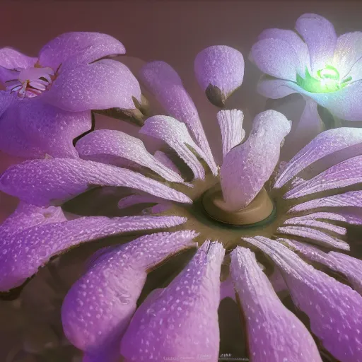 Image similar to Luminescent flower blooming at twilight, cgsociety, r /art, trending on artstation, artstationHD, octane render, highly detailed, vray, volumetric lighting, unreal engine