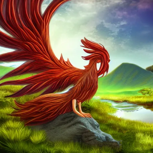 Prompt: prompt anthropomorphic female phoenix, sitting at a pond, mountainous area, trees in the background, digital art