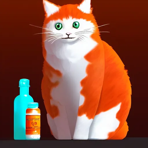 Prompt: a fluffy cat standing next to a bottle of medicine. orange cat. the cat was in a bedroom. animal. digital art. artstation. illustration.