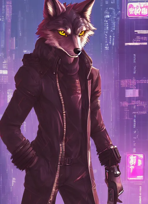 Image similar to character portrait of a male anthro wolf fursona with a tail and a cute beautiful attractive detailed furry face wearing stylish cyberpunk clothes in a cyberpunk city at night while it rains. hidari, color page, tankoban, 4K, tone mapping, Akihiko Yoshida.