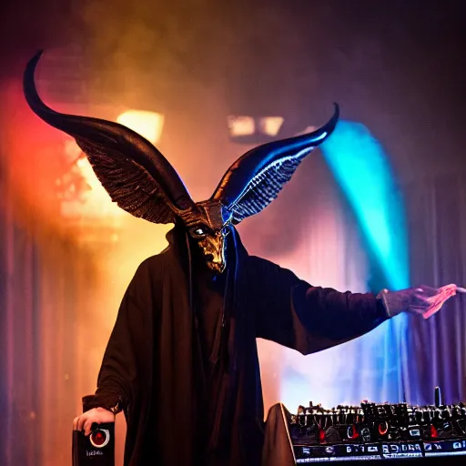 Image similar to baphomet wearing a dark hooded cloak on the dj decks