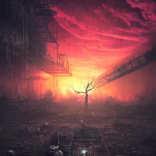 Image similar to a dark foreboding landscape where one single tree grows, amidst broken metal machines, with the sky on fire. Gustave Dore, ponyo and artrift, trending on artstation, cyberpunk, CGSociety, hyperealism, extremely detailed landscape art, 3d render, 4k hd, depth of field, super high def, IMAX.