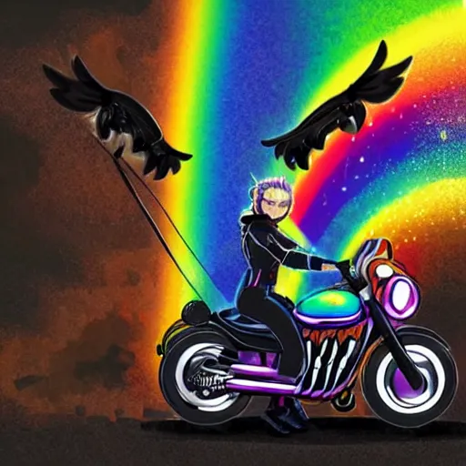 Image similar to wide angle full body, jacket wearing fluffy cute rainbow kitten wearing a black leather motorcycle jacket, riding on a motorcycle, cinematic concept art