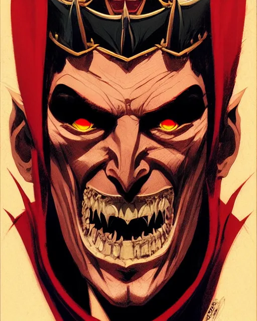 Image similar to handsome vampire king with crown and fangs, symmetrical face, evil, cinematic, dramatic, powerful, super detailed and intricate, by koson ohara, by darwyn cooke, by greg rutkowski, by satoshi kon