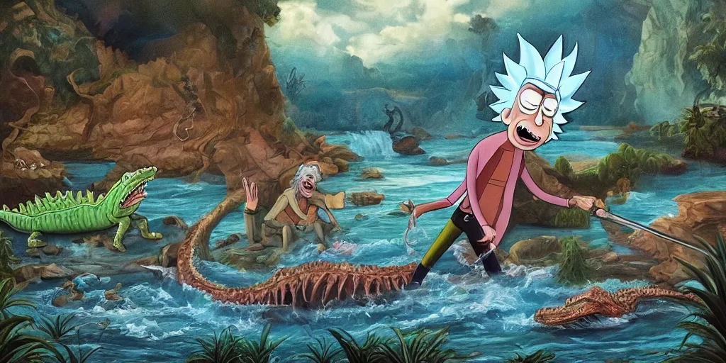 Image similar to rick sanchez from rick and morty falls into a river and gets eaten by a crocodile. official artwork as a beautiful oil painting