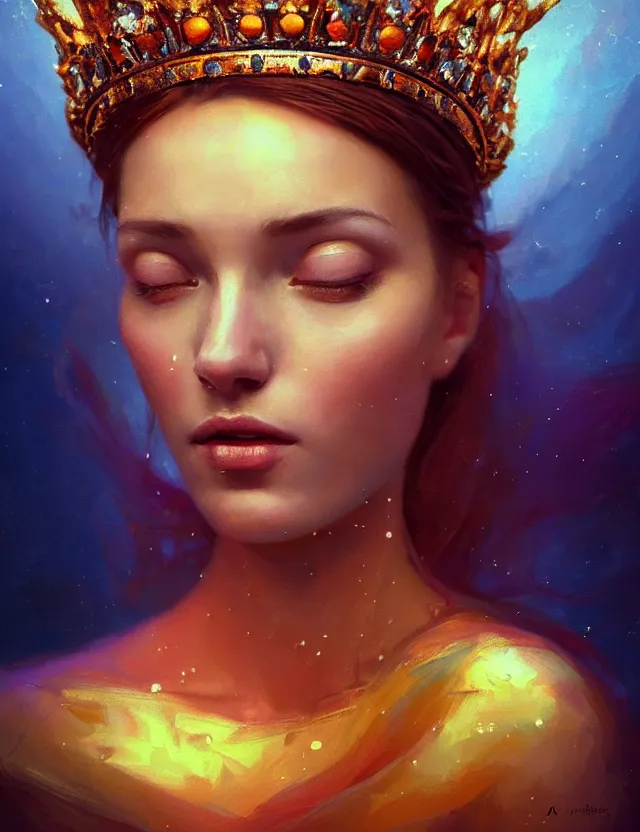 Prompt: blurred background. close-up portrait of a goddess in crown, by Artem Chebokha by Anka Zhuravleva, Anato Finnstark and Alena Aenami, Angus McKie, Anton Fadeev, by Jesper Ejsing, by RHADS, Makoto Shinkai and Lois van baarle, ilya kuvshinov, rossdraws global illumination, octane render, unreal engine, cinematic counter light, high detail, octane render, 4k