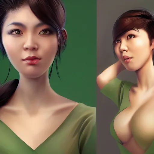 Prompt: beautiful asian woman with smooth skin and green short hair, by nick silva, ja mong, digital, trending artstation