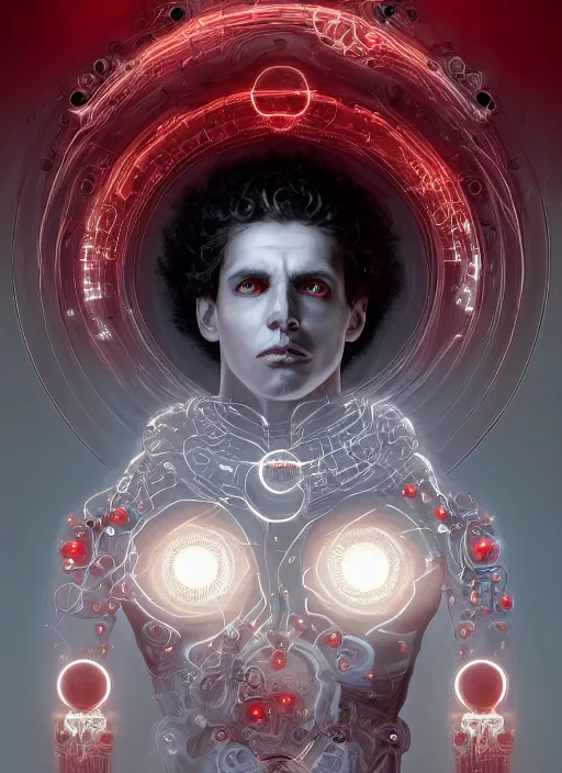 Image similar to cthonic resonance, red and white fractal glowing eyes, genetically augmented pale white young man with circular nodes sticking out from behind his neck, soft curly blonde hair, fantasy, extremely detailed, digital painting, artstation, concept art, smooth, sharp focus, illustration, stunning lighting, art by artgerm and greg rutkowski and alphonse mucha and simon stalenhag, realistic character concept, high fantasy, dark atmosphere, golden ratio, cinematic lighting, hyperdetailed, high resolution, insanely detailed and intricate, artstation, Marc Simonetti, Greg Rutkowski, 8k