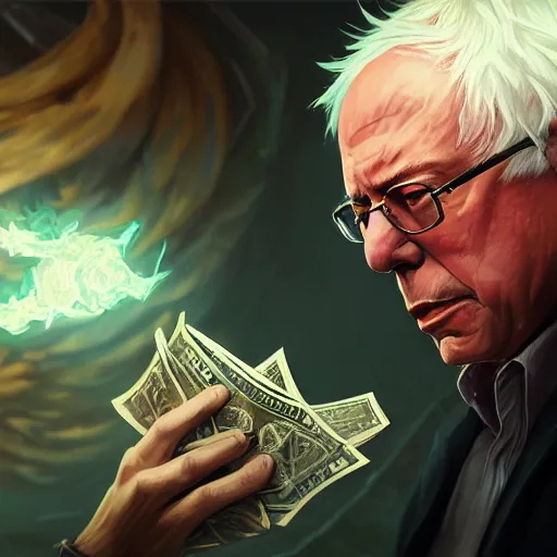 Image similar to portrait of bernie sanders burning money, league of legends amazing splashscreen artwork, splash art, natural light, elegant, photorealistic facial features, intricate, fantasy, detailed face, atmospheric lighting, anamorphic lens flare, cinematic lighting, league of legends splash art, hd wallpaper, ultra high details by greg rutkowski