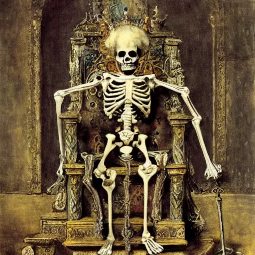 Prompt: a skeleton king, sitting on a throne, elegant, painted by Gustave Moreau