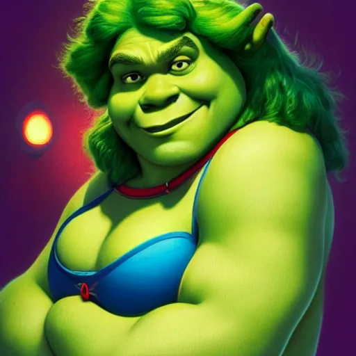 Image similar to lofi portrait of shrek as shehulk, pixar style, by tristan eaton stanley artgerm and tom bagshaw.