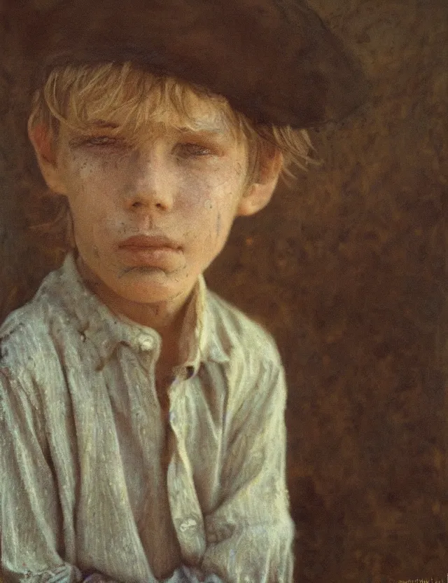 Image similar to portrait of handsome peasant boy with dirty face, cottage core, cinematic focus, polaroid photo bleached vintage pastel colors high - key lighting, soft lights, foggy, by steve hanks, by lisa yuskavage, by serov valentin, by tarkovsky, detailed, oil on canvas