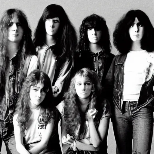 Image similar to group of 1 9 - year - old girls with shaggy wavy hair, wearing double denim, proto - metal band promo, heavy rock band promo photo, 1 9 7 5 photo