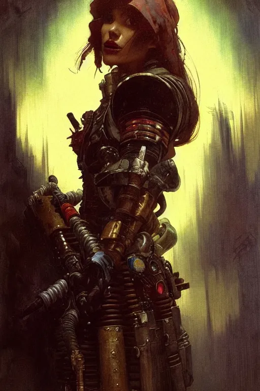 Image similar to full character portrait max mad cyberpunk warhammer 4 0 k, barbarian medic not the girl with the pearl earring character design, painting by gaston bussiere, katsuya terada, nc wyeth, greg rutkowski, craig mullins, vermeer, frank frazetta, mucha, tom of finland, trending on artstation, jeffery catherine jones