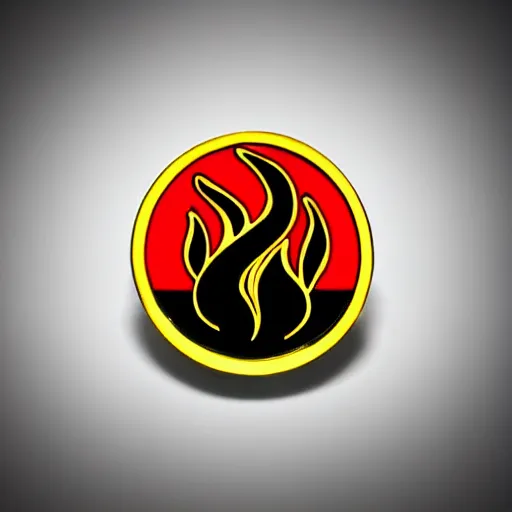 Prompt: a photo of a retro 1 9 7 0 s minimalistic clean fire flames warning label enamel pin, studio lighting, behance