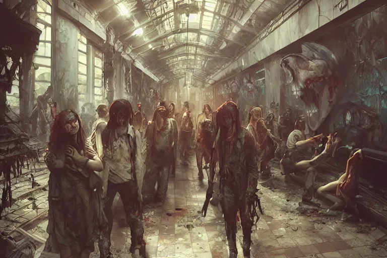 Image similar to painting of zombie apocalypse in subway, ultra realistic, concept art, intricate details, eerie, highly detailed, photorealistic, octane render, 8 k, unreal engine. art by artgerm and greg rutkowski and alphonse mucha