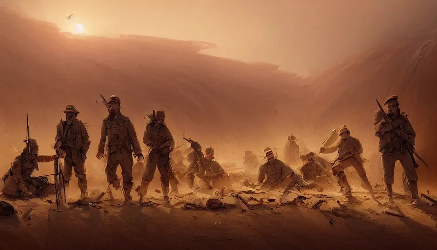 Image similar to beautiful digital painting of a group of barley surviving soldiers in a trench waiting for the war to end, in the sahara desert. cinematic lighting, atmospheric, concept art by artgerm and greg rutkowski,,