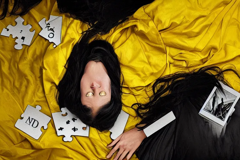 Prompt: tarot card of a dark-haired woman wearing a yellow raincoat, sitting on the floor in front of a bed covered with white linen, black puzzle pieces hovering in the air, symmetrical face, atmospheric, cinematic, ultra detailed, by Weta Digital