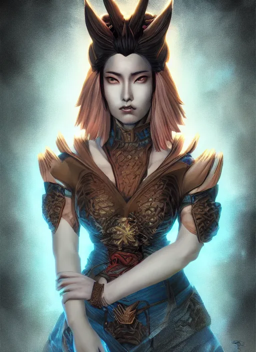 Image similar to a fantasy comic book style portrait painting of japanese monster tamamo - mae, unreal 5, daz, hyperrealistic, octane render, rpg portrait, ambient light, dynamic lighting