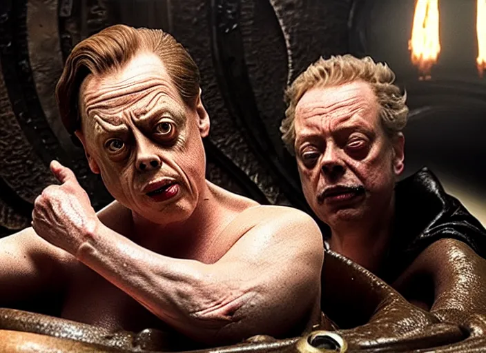 Image similar to steve buscemi as baron harkonnen in a black oil bath in a still from the film Dune (2021)