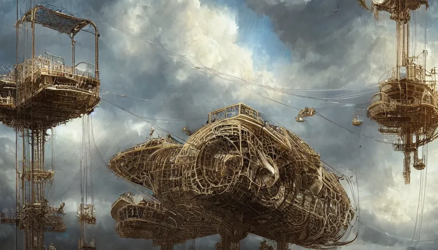 Prompt: an inflated stainless steel chrome gondola in the clouds, people are hanging by steel cables. Oil rigs in the sky. Intricate technical drawing. Digital art. Mammatus clouds. Ornate, brilliant, utopian, detailed, Golden ratio, solarpunk technology by Lebbeus Woods and Craig Mullins