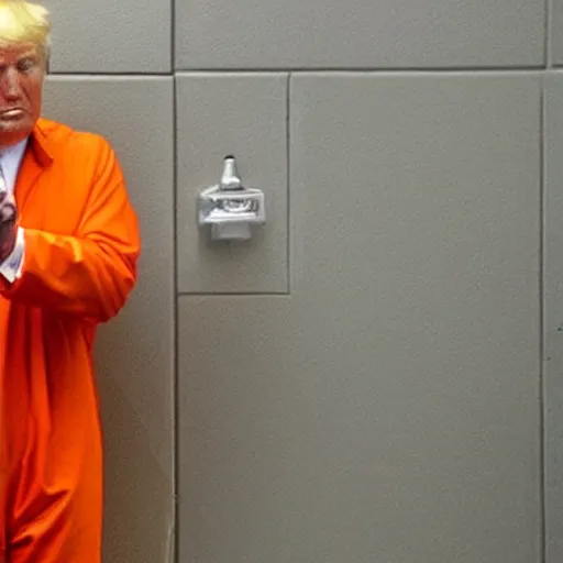 Prompt: photo of Donald trump being taunted in prison wearing an orange jumpsuit