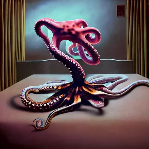 Image similar to hyperrealism photography in araki nobuyoshi dramatic scene from movie the big lebowski style computer simulation visualisation of detailed octopus riding eating human octopus in the detailed ukrainian village