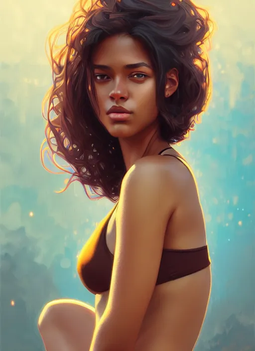 Image similar to handsome young black women with shoulder length brown hair, bikini, half body shot, path traced, highly detailed, high quality, digital painting, alena aenami, lilia alvarado, shinji aramaki, karol bak, alphonse mucha, tom bagshaw