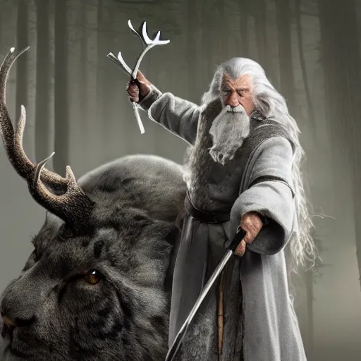 Prompt: gandalf the grey riding a giant kitten with antlers through the forest