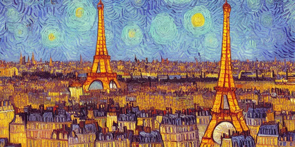 Image similar to highly detailed painting of Paris 1888 by van gogh, vivid colors, trending on artstation, 8K, ultra wide angle, pincushion lens effect